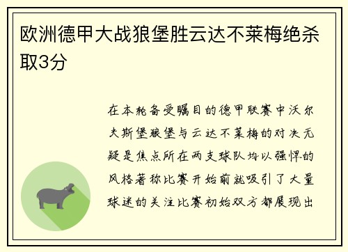 欧洲德甲大战狼堡胜云达不莱梅绝杀取3分