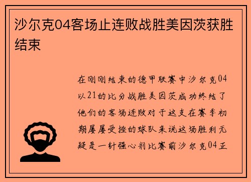 沙尔克04客场止连败战胜美因茨获胜结束